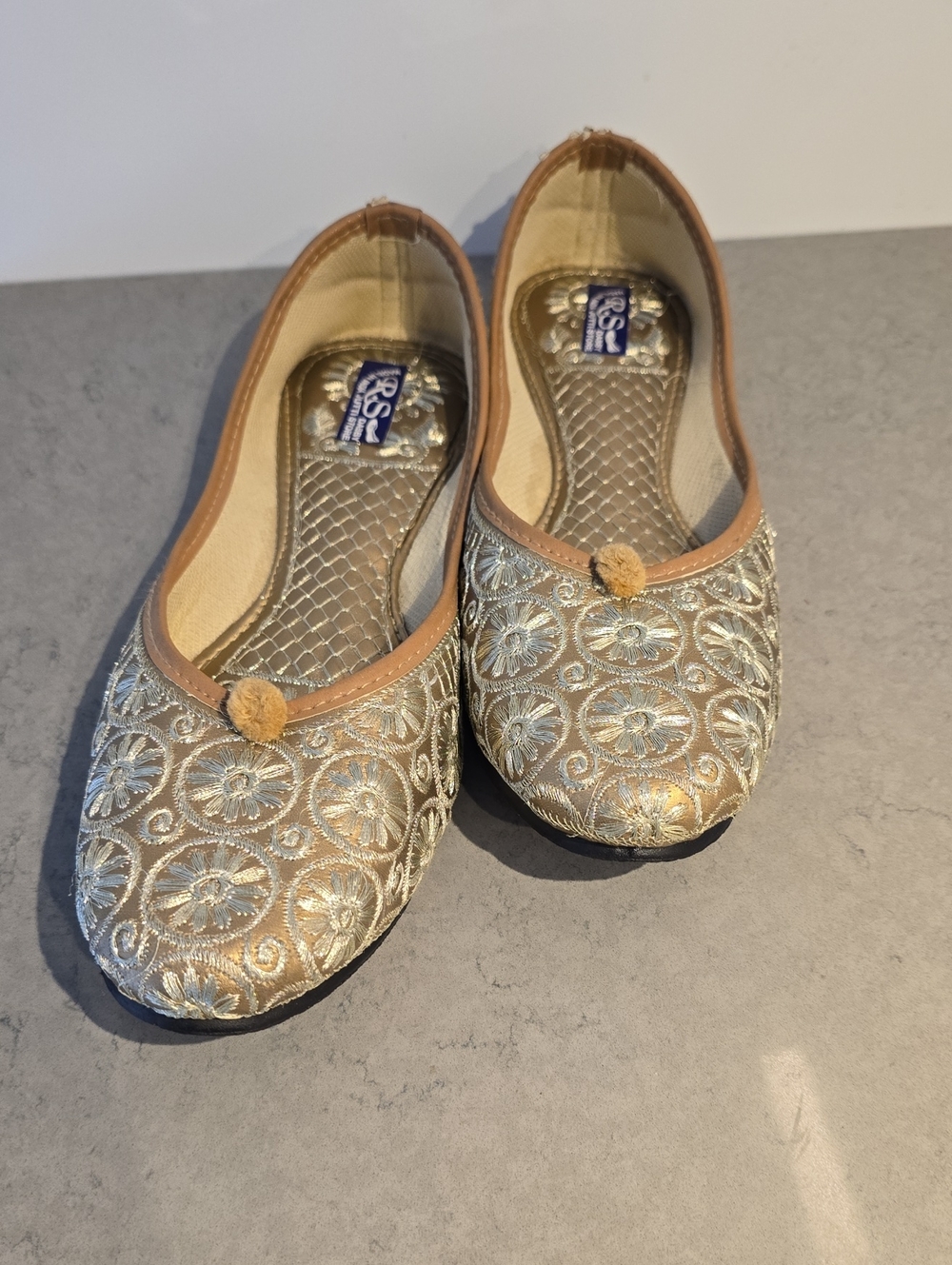 Embroidered Gold Ballet Flats with Pom -